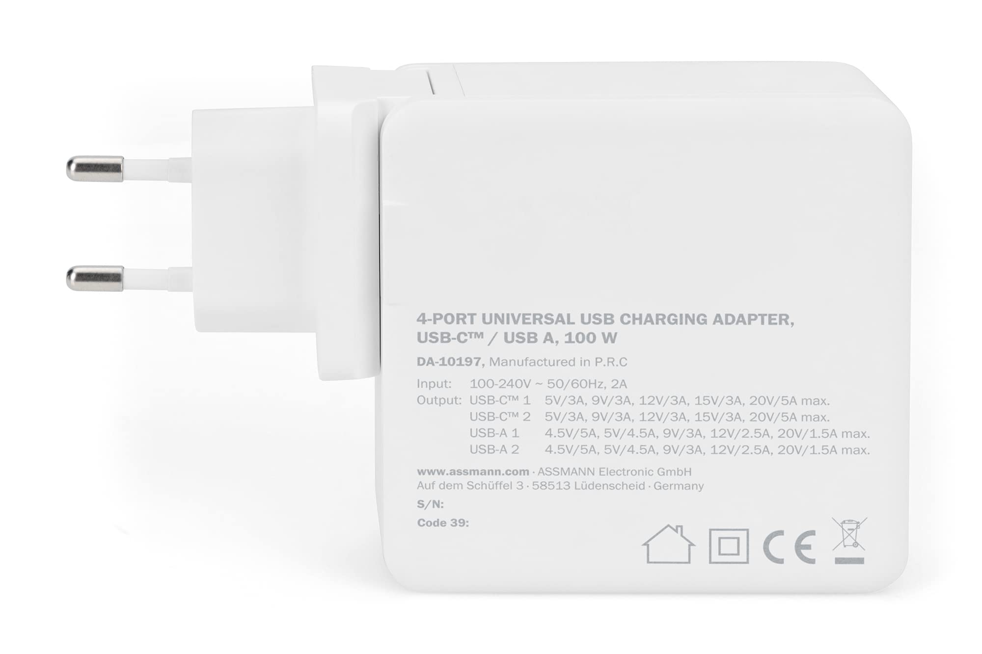 DIGITUS Universal GaN Ladegerät 100 W – 2-Port USB-C – 2-Port USB-A – Schnellladegerät Power Delivery (PD 3.0) – Für iPhone, iPad, Samsung Galaxy, Pixel, Xiaomi, Motorola, Huawei – Weiß