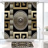 ZGDPBYF Shower Curtains for Bath Mats Geometric Black Gold Greek Key - Non Slip Bath Mat, for Bathroom Decor Curtains Cloth Fabric Bathroom Decor Set with Hooks-Shower Curtain+Mat