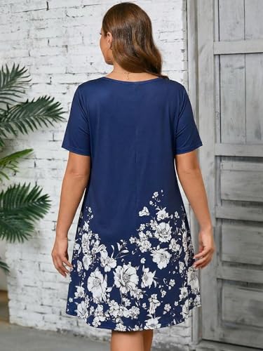 Image of AusLook Plus Size Midi Dress for Women Casual Summer Short Sleeve A Line Swing Dress with Pocket Round Neck Flowy Dress 1X-5X
