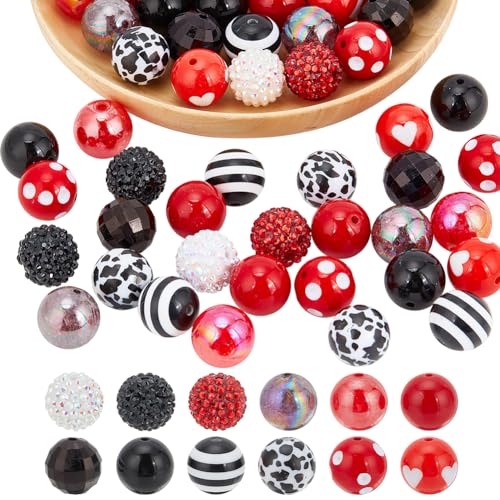 PH PandaHall 20mm Bubblegum Beads 50pcs Red Black Beads 20mm Large Pen Bead Chunk Acrylic Bead for Jewellery Making Christmas Halloween Keychain Wedding Party Decoration