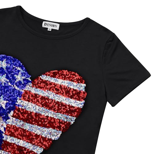 Image of PESION Womens Short Sleeve T-Shirt Sequined Tops O-Neck Funny Graphic Tees Blouse