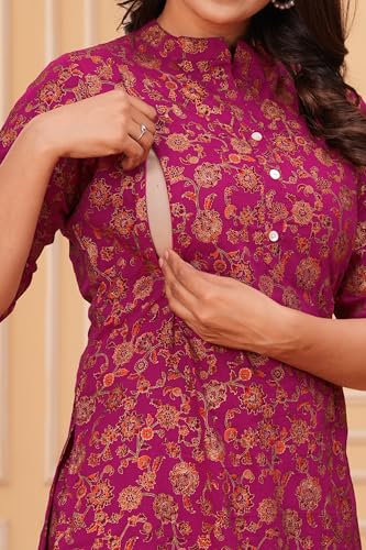 Image of Women Cotton Printed Co-Ord Set Kurta with Pant Set | Cotton Floral Printed Anarkali Maternity Feeding Kurta with Zipper /Maternity