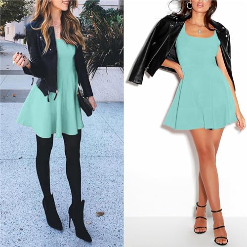 Image of FANCYINN Women's Short V-Back Dress U-Neck Inslace Hem Wide Straps Tank Mini Skater Cocktail Dresses