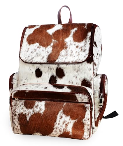 Image of LP-FACON Western Cowhide Leather Diaper Backpack | Cow Print Cute Shower Gifts For Mom | Large Travel Bag Brown & White