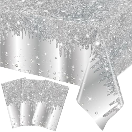 Image of Ganeen 3 Pcs Silver Tablecloths Glitter Diamond Disposable Plastic Table Cover Sequin Printed Rectangle Tablecloths for Girl Women Birthday Wedding Party Decor Supplies, 54 x 108 Inch