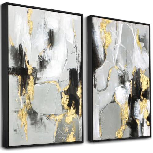 Image of Grey Abstract Wall Art Decor- 2 Pack 24 inch x 36 inch Grey and Gold Canvas Wall Decor with Hand Texture for Living Room, Bedroom, Office, Framed, Ready to Hang