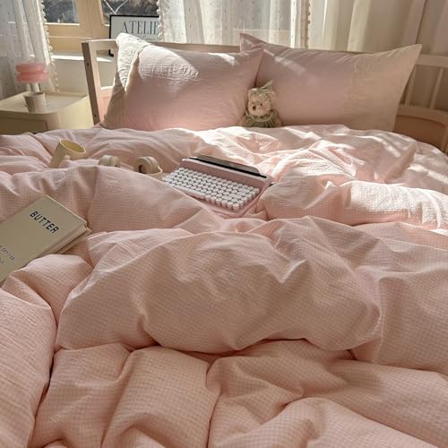 Image of MKXI Vintage Floral Duvet Cover Set Twin XL - Pink & White Gingham Check with Lace Border, Soft Washed Microfiber 3-Piece Bedding Set for Girls, Teens & Adults, Princess Cottagecore Style