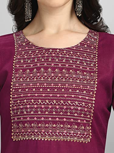 Image of VredeVogel Women Cotton Slub Straight Kurta Set With Pant and Net Embroidery Dupatta