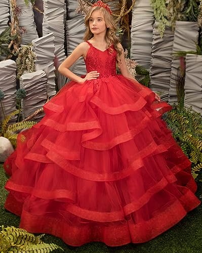 Long Pageant Dresses for Girls Tulle Flower Girl Dress Ruffles Lace Appliques Princess Birthday Party Gowns for Kids2