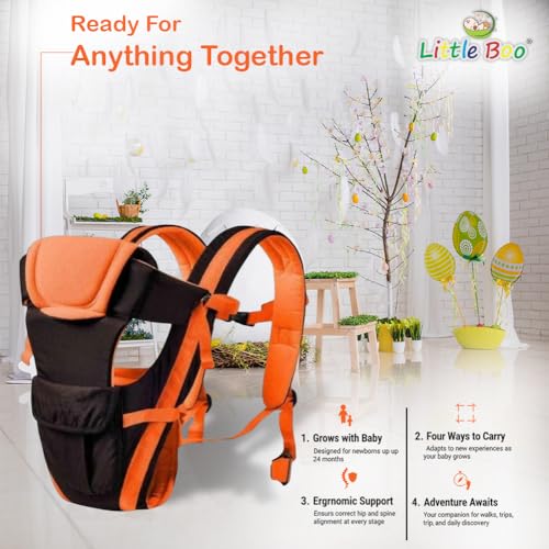 Image of LittleBoo New Born Baby Carrier Bag 4-in-1 Adjustable Baby Sitting Carrier Bag - Front & Back Carry with Head Support, Safety Belt & Buckle Straps for 0-24 Months (Black-Orange)