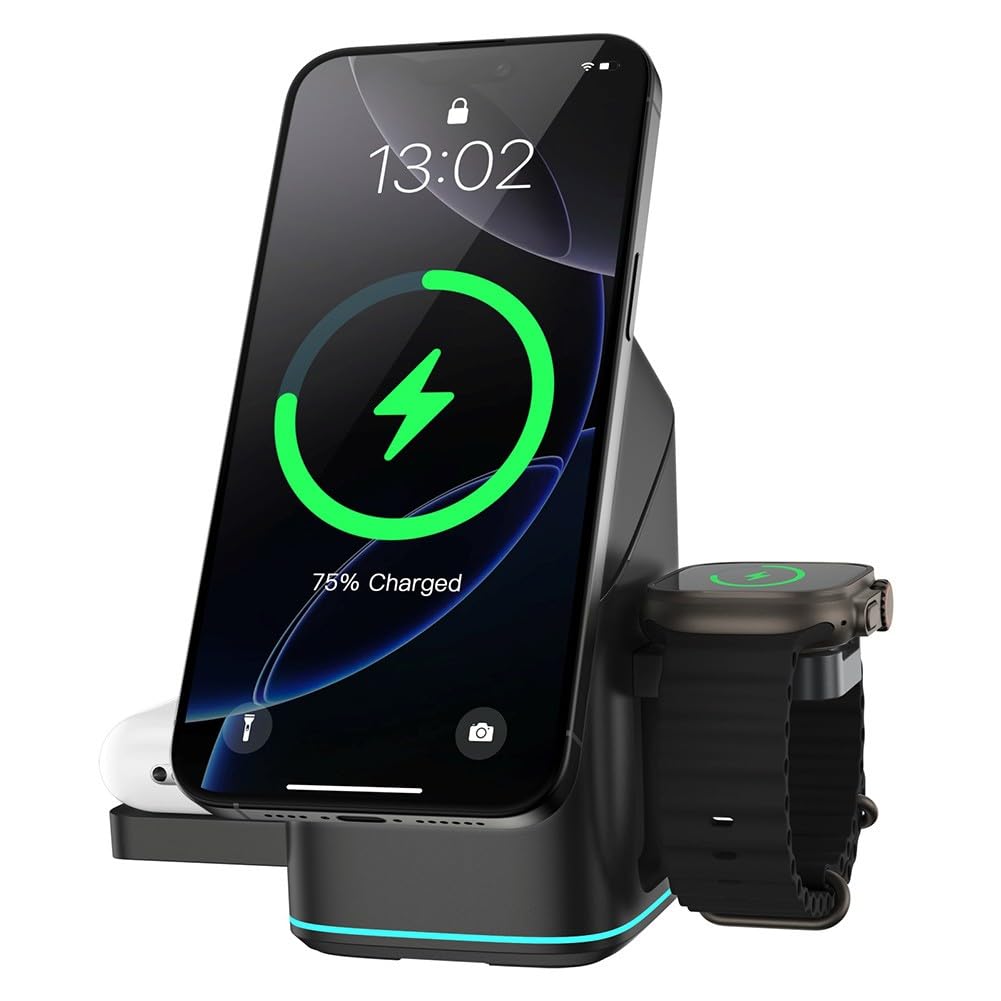 EasyByMall Estación de carga inalámbrica 3 en 1 con rotación automática de 180°, base de carga rápida de 15 W para iPhone, auriculares y reloj inteligente, soporte portátil de triple carga