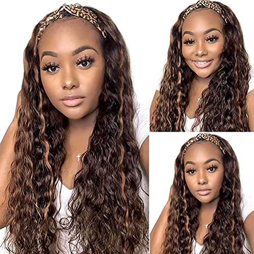 Deep Wave Highlight Straight Headband Wigs Human Hair Ombre Honey Blonde Headband Wigs Brazilian Virgin Curly Human Hair Glueless Human Hair Wigs for Women Natural Looking 20 inch