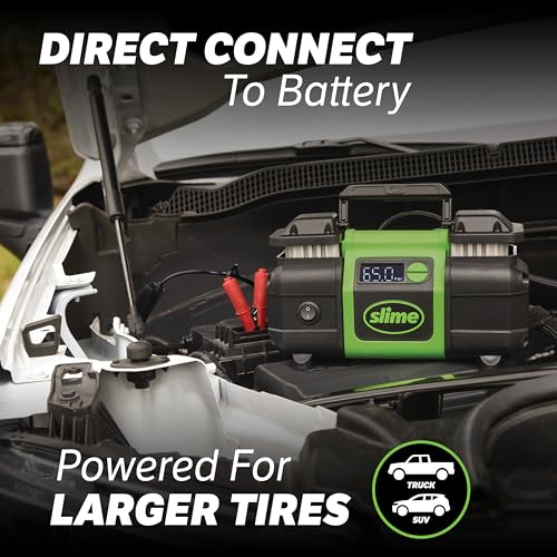 Image of Slime 40083 Tire Inflator, Super Duty Pro Power, Battery Connection, Dual Piston, with Digital 0-99 psi Gauge, Long Hose and LED Light, Alligator Clips, 2 min Inflation