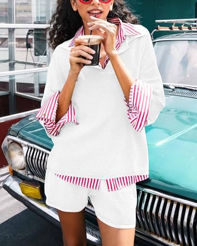 Image of Tankaneo Womens Sweater Set 2 Piece Outfits Oversized 3 /4 Sleeve V Neck Knit Tops High Waisted Shorts Lounge Sets