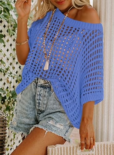 Womens Summer Scoop Neck Short Sleeve Sweater Casual Crochet Hollow Out Knit Tops Pullover Shirts Beach Coverup2