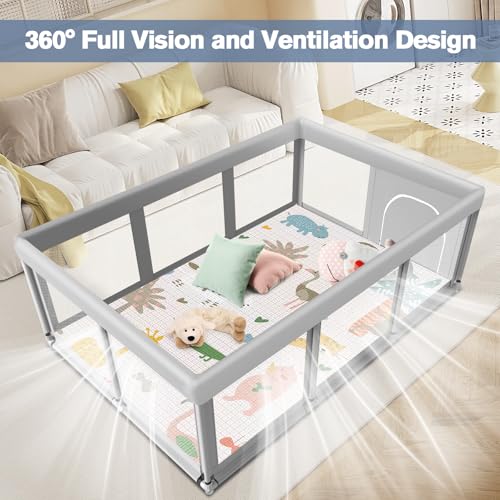 Image of Baby Playpen with Mat 74 inch x50 inch, Large Play Yards Indoor & Outdoor, Sturdy Safety Baby Play Pen with Soft Breathable Mesh, Toddlers Play Pen with Anti-Slip Base, Waterproof Mat Included