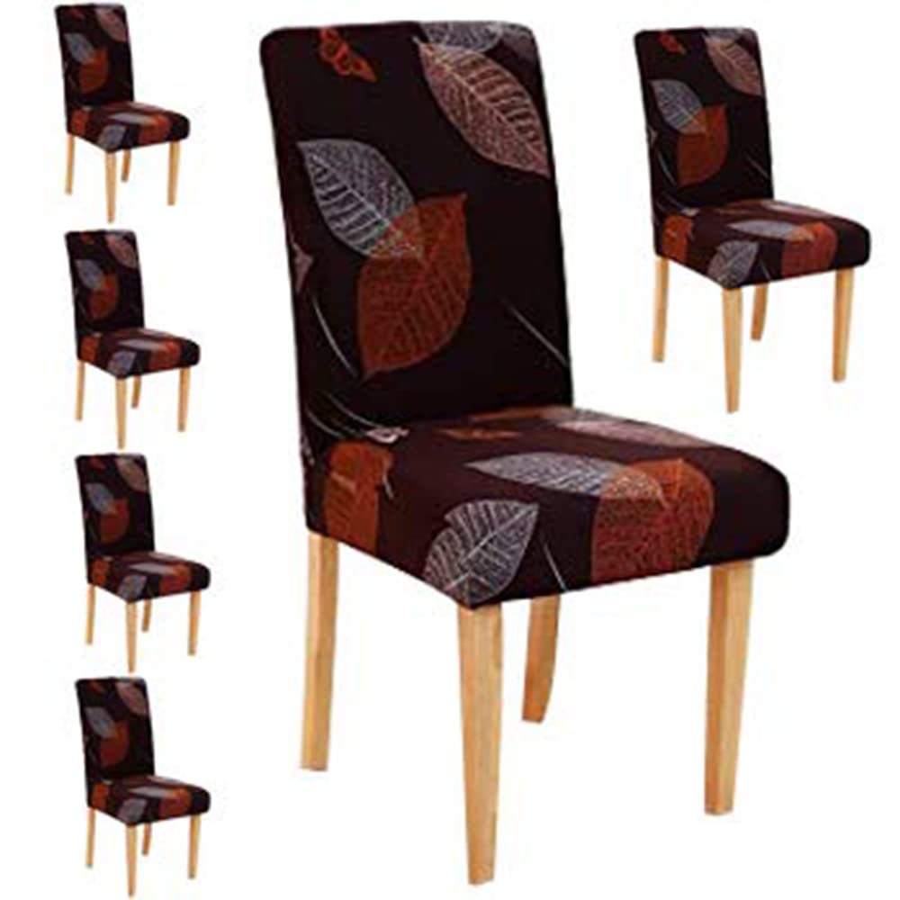 Polyester Chair Cover Stretchable Removable Washable Dining Chair Cover Set Of 6 Seater Slipcovers (Set Of 6, Slmc142 Maroon Leaf)