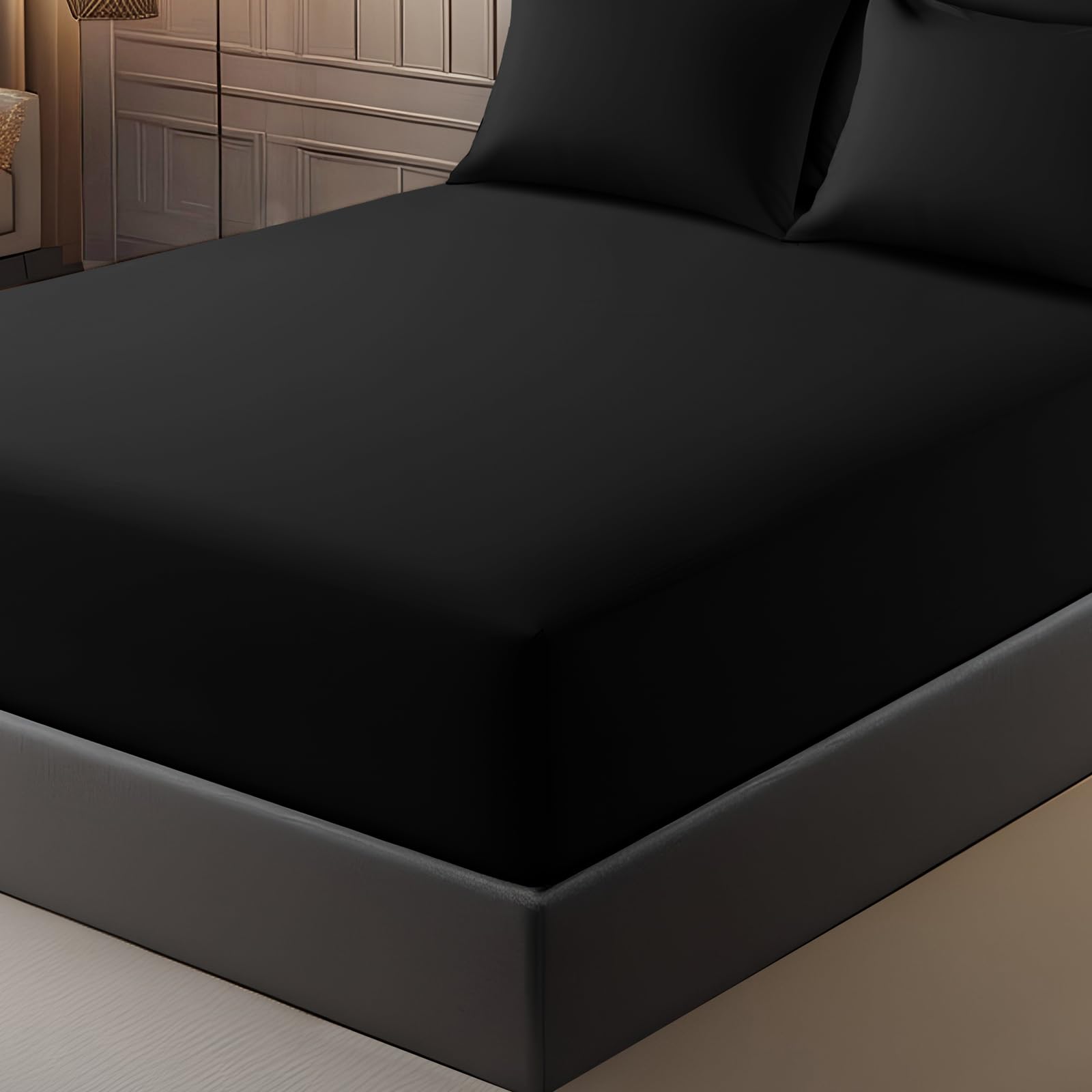 Pamposh Black Single Fitted Sheet Extra Deep Pocket 40 Cm (16 Inches) Durable Elastic Bed Sheets - Premium Brushed Microfibre Fitted Sheet Single Bed - Ultrasoft Hypoallergenic Fade Resistant