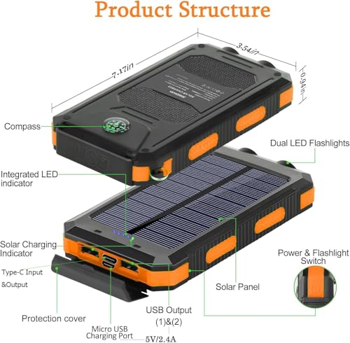 YELOMIN 38800mAh Solar Power Bank, Portable Charger USB-C Fast Charging Compatible with iPhone Samsung, Dual LED Flashlight Battery Pack, 3 Output Backup Charger for Camping Hiking Outdoor Emergency - Image 6