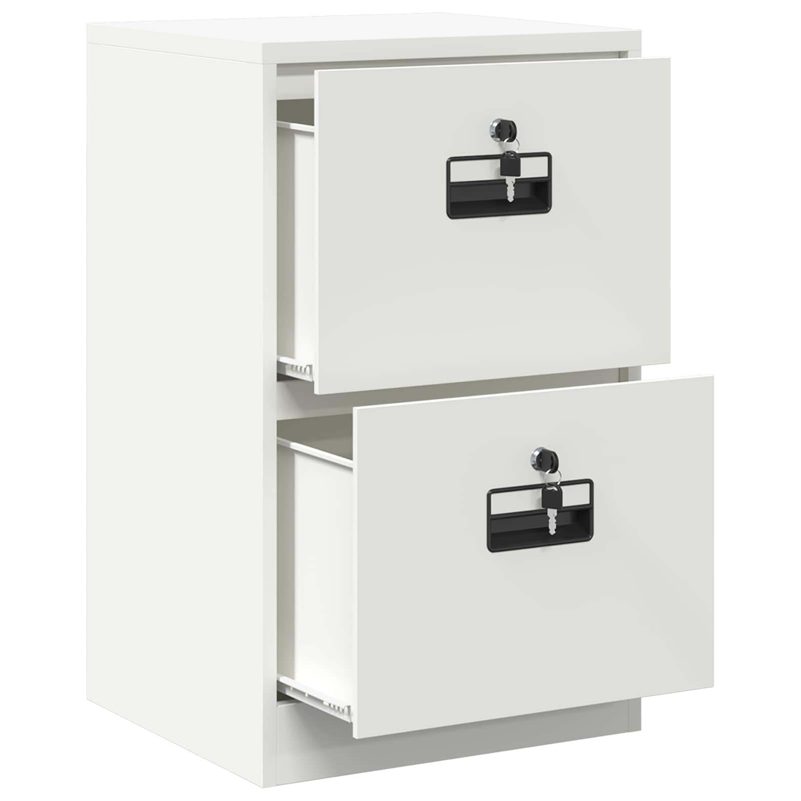 Aktenschrank Weiß, Rollcontainer aus Metall 45,5x42x74,5cm, Büroschrank mit 2 Schubladen, Abschließbarer Beistellschrank aus Kaltstahl für Dokumente und Büroorganisation
