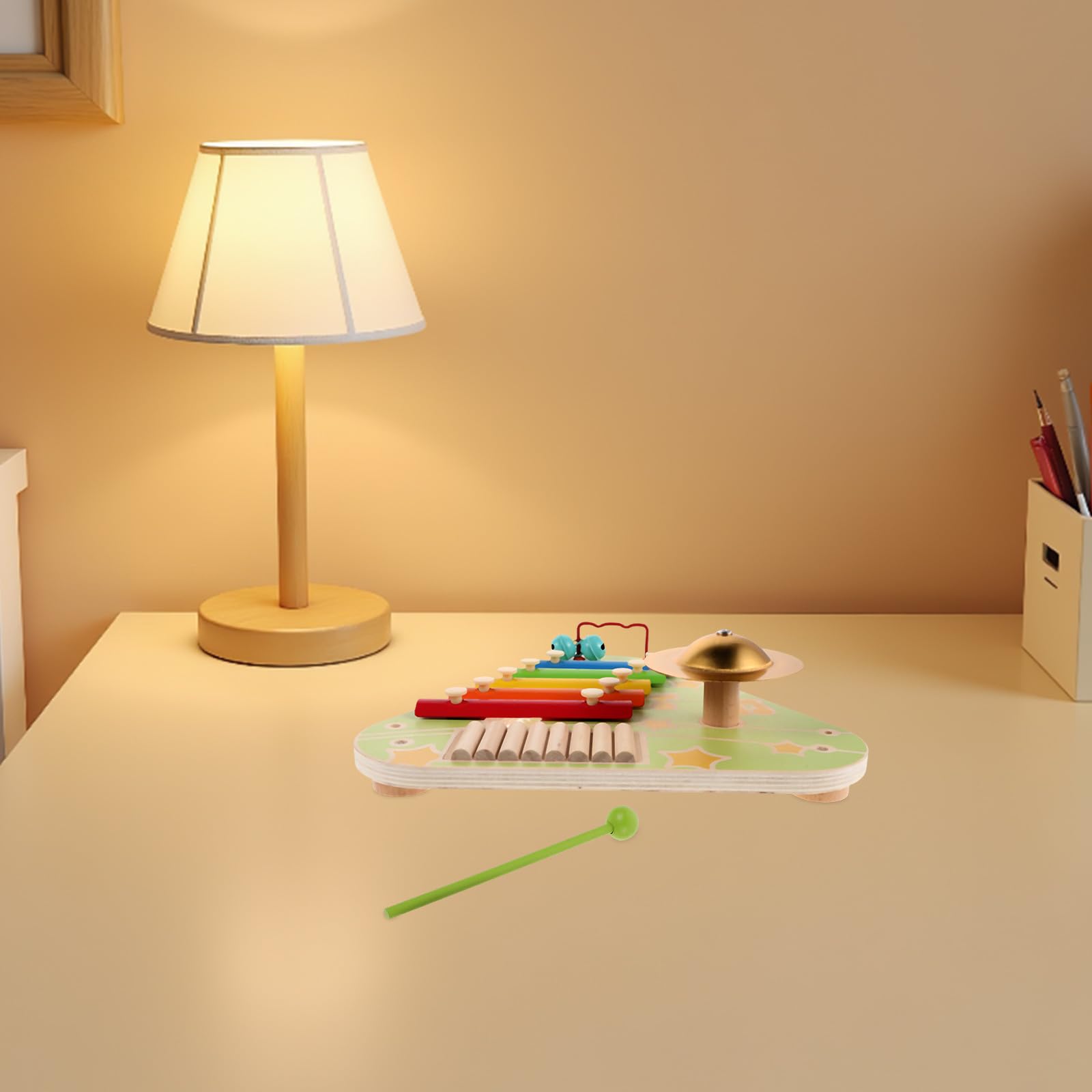 BESTonZON 1 ensemble de xylophone pour enfants - 4 instruments de musique en bois comprenant un tableau d'activités, des percussions à main et des cymbales. Jouet d'éveil sensoriel pour les