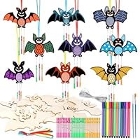 SRIZIAN 9 Stück Halloween Windspiel Bastelset Kinder, Halloween Fledermaus Holz Basteln Windspiele für Kinder Mädchen Junge Party Dekoration DIY Kinderspielzeug