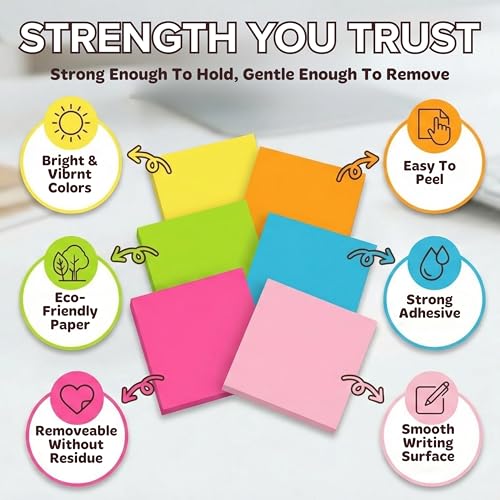 Sticky Notes 3x3 (12 Pads/1200 Sheets) – 2026 Improved Adhesive, Super Sticky & Bright Neon Colors – 1200 Sheets – Ideal for School, Office & Desk Supplies