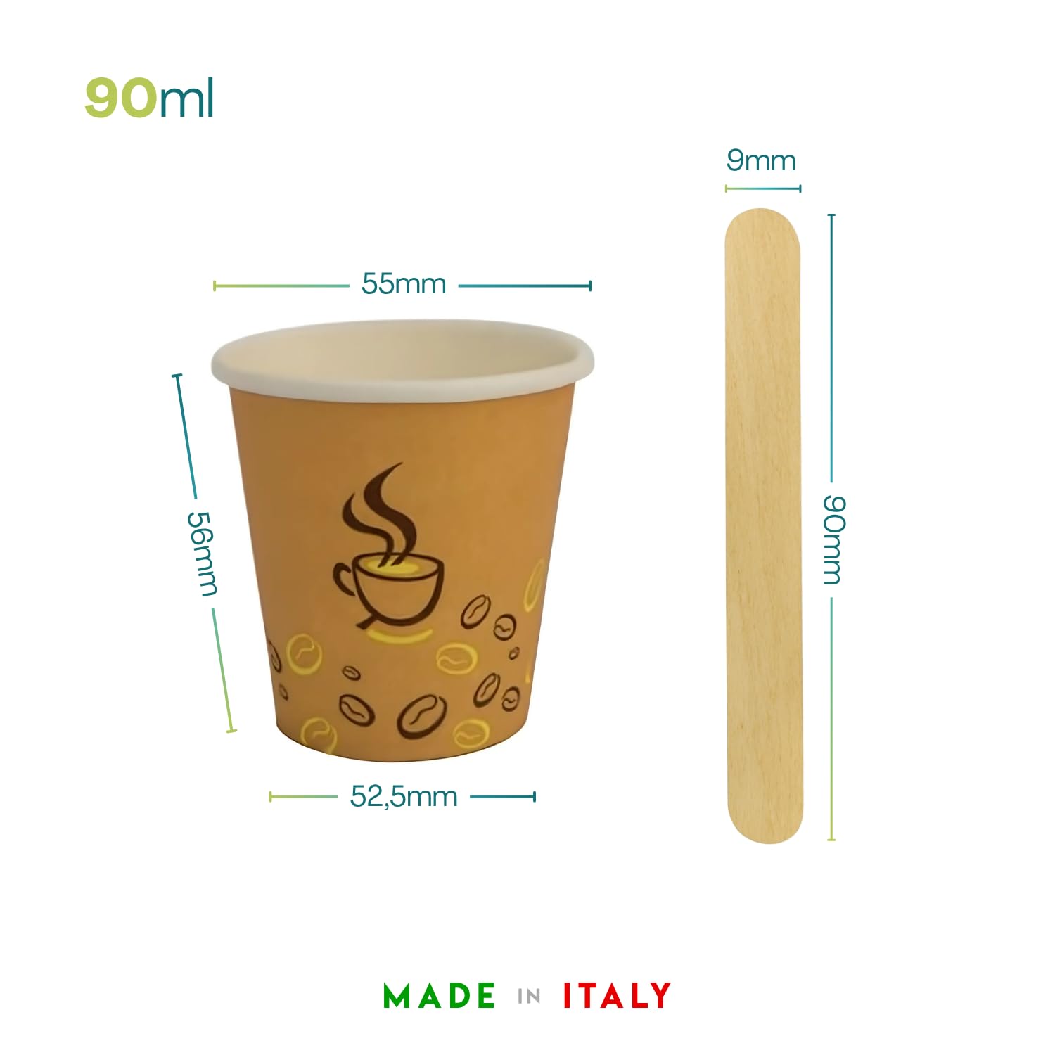 Palucart 500 Bicchieri in Carta per Caffe 90ml Bicchierini Colore Avana con grafica (3 oz) + 500 Palette in Legno di Betulla Biodegradabili in Cartoncino per Bevande Calde Cappuccino, Caffé
