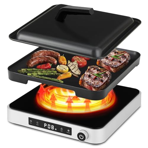 Image of Cooktron 2-in-1 Induction Cooktop with Grill Pan - Portable 1 Burner Induction Hot Plate 1800W, Removable Griddle, 10 Power & 5 Temp Levels, Touch & Knob Control for Kitchen or RV Camping
