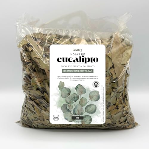Hojas de Eucalipto Natural 1kg – Para Infusión y Hacer Vahos – Fresco y Balsámico – Hojas Enteras y Secas Cortadas a Granel – Alivia Síntomas en Garganta y Vías Respiratorias