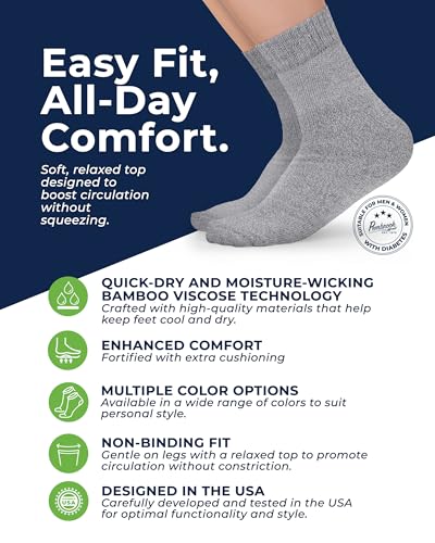Image of Pembrook Bamboo Viscose Diabetic Socks for Women & Men - 6 Pairs Ankle Socks for Swollen Feet | Neuropathy Socks