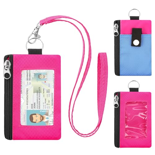 Image of Minimalist RFID Blocking Wallet with Lanyard, Functional ID Case with 2 Zipper Pockets and Key Chain for Men and Women, Tactical Badge Pouch Cards Holder, Coin Purse for Travel Sports-Rose