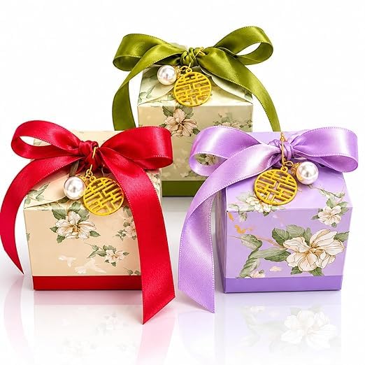 Indie-oida Decorative Square Shape Folding Storage Box for Return Gift, Birthday,Boxes with Ribbon & small cham on the top, Perfect for Packing Chocolate, Dry Fruits,Engagement (Pack of 12)-image-23