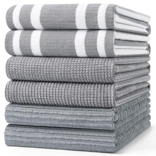 Homaxy Premium Kitchen Towels(18”x 28”, 6 Pack), Large Cotton 380 GSM Kitchen Hand Towels, Soft and Absorbent Terry Dish Towels, Multipurpose Tea Towel Set with Hanging Loop, Grey