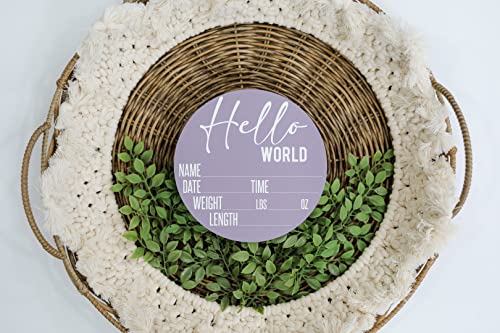 Image of Baby Announcement Sign for Newborn Boys and Girls (Color Bases) - Hello World Nursery Decor Sign & Photo Prop for Babies Made of Birch Wood - 6 inch Circle Board (Purple)