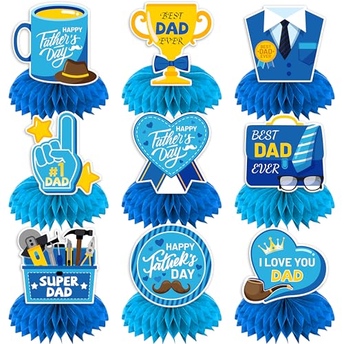Fathers Day Table Decorations - Honeycomb Centerpieces 3D Double Sided Happy Fathers Day Party Supplies for Dad (9 Pieces)