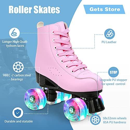Women's Roller Skates PU Leather High-top Roller Skates Four-Wheel Roller Skates Double Row Shiny Roller Skates for Indoor Outdoor (Pink flash,37-US: 6) - 5