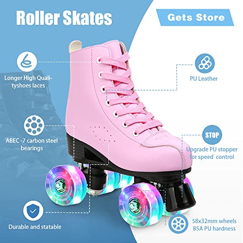Women's Roller Skates Pu Leather High-Top Roller Skates Four-Wheel Roller Skates Double Row Shiny Roller Skates For Indoor Outdoor (Pink Flash,43-Us: 10) #TOP2