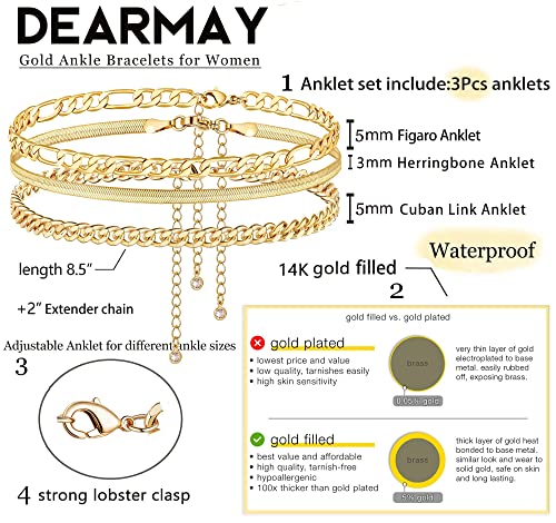 DEARMAY Gold Plated Ankle Bracelets Set for Women Waterproof, 14K Gold Plated Anklets for Women Cuban Link Layered Pack Jewelry Gift2