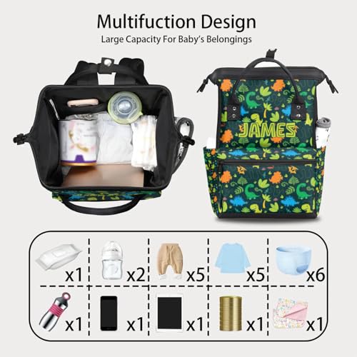 Image of Large Diaper-Backpack Baby-Gifts Cute Dinosaur Personalized Nappy-Bag | Customized Diaper Bag for Baby-Boys Mommy-Bag with Baby Name Dark Green Dinosaur Nappy-Backpack for Baby Traveling