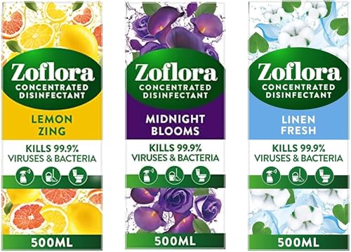 Zoflora Concentrated Multipurpose Disinfectant Bundle - Lemon Zing Midnight Blooms & Linen Fresh - one of each