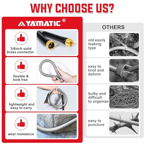 YAMATIC-Garden-Hose-25-FT-x-58-inch304-Stainless-Steel-Water-Hose-No-Kink-Metal-Hose-with-10-Pattern-Spray-NozzleLightweight-Flexible-Puncture-Resistant-Rust-Proof-for-Yard-Outdoor
