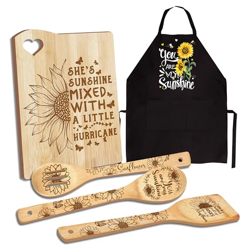 Sunflower Gifts for Women, Sunshine Kitchen Gifts, Wooden Cutting Board with Cooking Utensils Set with Apron Set, Great Sunflower Gifts Inspirational Gifts for Friend Women