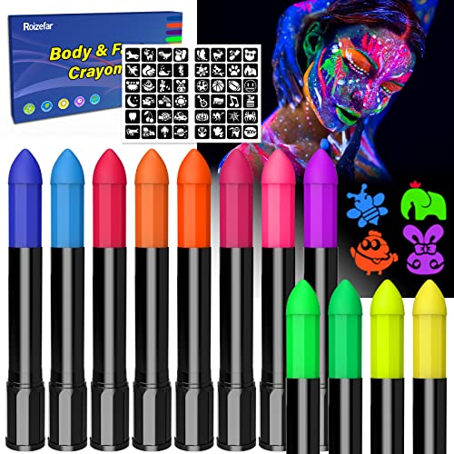 Roizefar Peintures Visage, 12 Couleurs Peinture Fluorescente, Maquillage Fluo, Qui Brillent sous la Lumière UV, Peinture du Corps pour l'anniversaire, Le Festival, Le Carnaval et la Mascarade