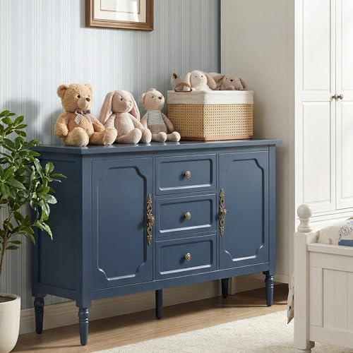 Image of FansaFurn Blue Storage Cabinet, Mid-Century Buffet Cabinet with 2 Doors & 3 Drawers, Accent Sideboard Cabinet with Adjustable Shelves & Turned Legs for Entryway, Living Room, Dining Room