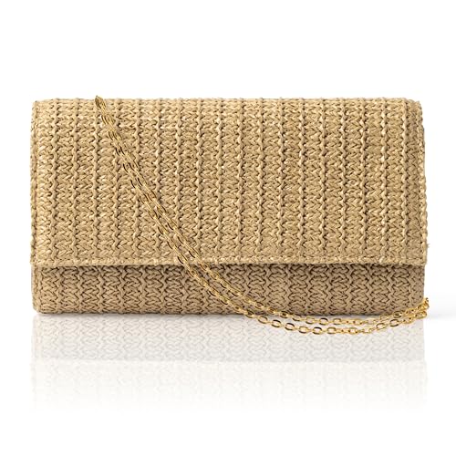 Wood Homing Stroh Clutch Handtasche für Damen – Boho Stroh Umhängetasche mit Abnehmbarer Goldkette Sommer Abendtasche Geflochtene Strandtasche für Hochzeit Party Urlaub Alltag