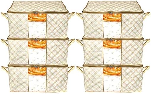 Metallic Checkered Print Non Woven Underbed Bag Storage Organiser Blanket Cover with Transparent Window Storage Bag For Clothes Ivory pack of 6