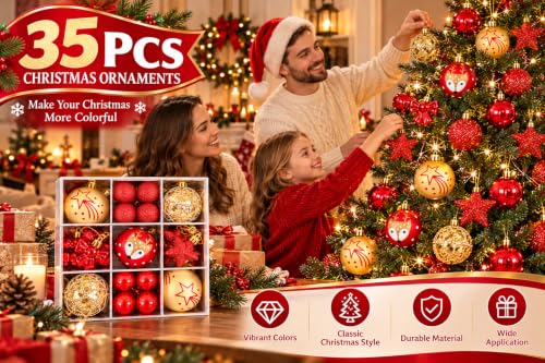 35 Piece Christmas Tree Ornaments Set Decorative Balls with Stars Bows and Reindeer Designs for Holiday Decor Red and Gold - image 2