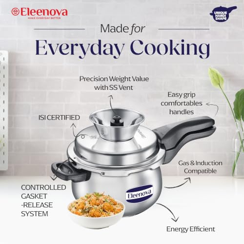 Image of Eleenova Legacy Stainless Steel Pressure Cooker 3 Litre Handi shape | Anti Spill Design | Gas Stove and Induction Compatible | Outer Lid SS Pressure Cooker | ISI Certified | 5 Year Warranty