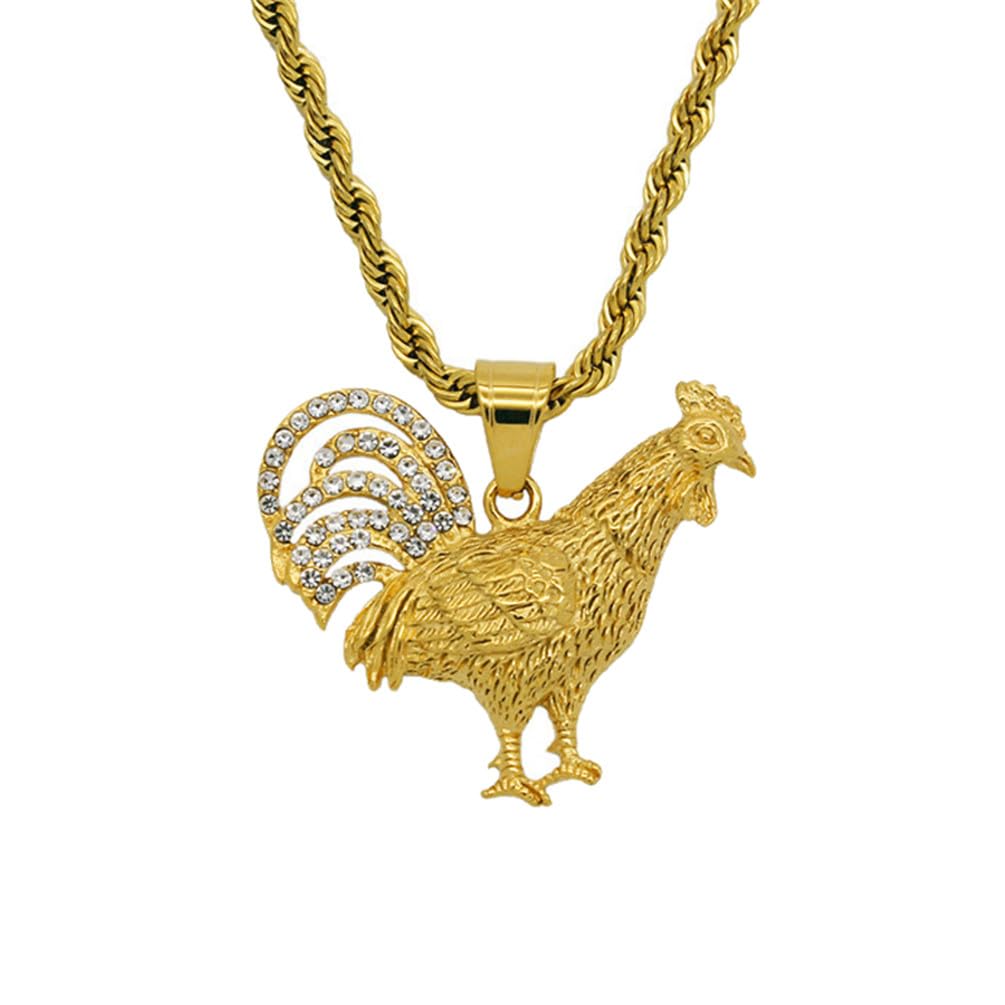 OAKKY Men's Stainless Steel Personality Hip Hop Cute Fat Hen Zodiac Tribal Rooster Biker Pendant Necklace